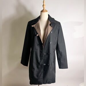 VINTAGE ANN TAYLOR Black Trench Coat with Plaid Collar Trim Medium